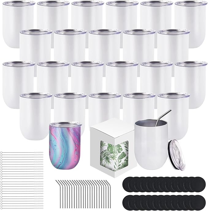 BetterSub 12oz Sublimation Straight Wine Tumblers Blanks Double Wall Insulated Stainless Steel Tumblers Bulk Sublimation Tumbler Cup with Lid, Metal Straw, Brush, Display Box, 24 Pack