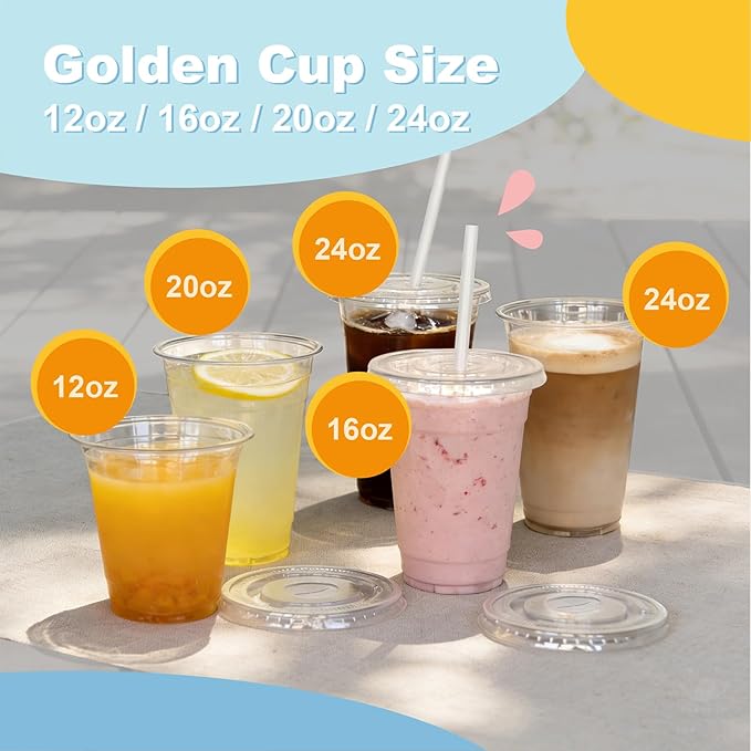 24 oz 100 Pack Disposable Clear Plastic Cups with Lids and Straws, Food Safe Bulk Iced Coffee Cups for Smoothies, Milkshakes and Other Cold Drinks