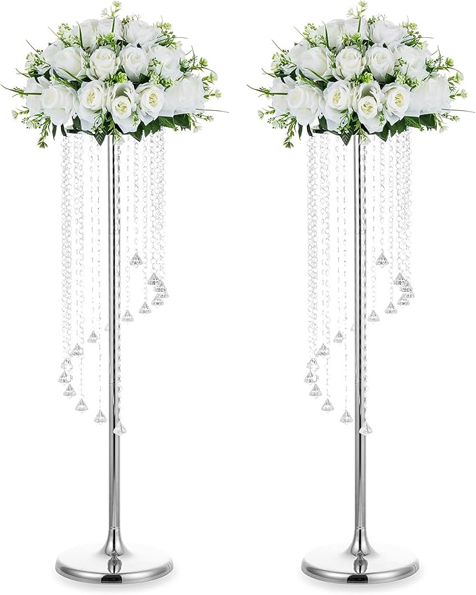Nuptio 2 Pcs 35.4inch Tall Wedding Centerpieces Silver Vases Crystal Flower Vase Metal Flowers Stand for Party Tables Decorations - Elegant Bulk Weddings Decoration Table Chandelier Centerpiece stands