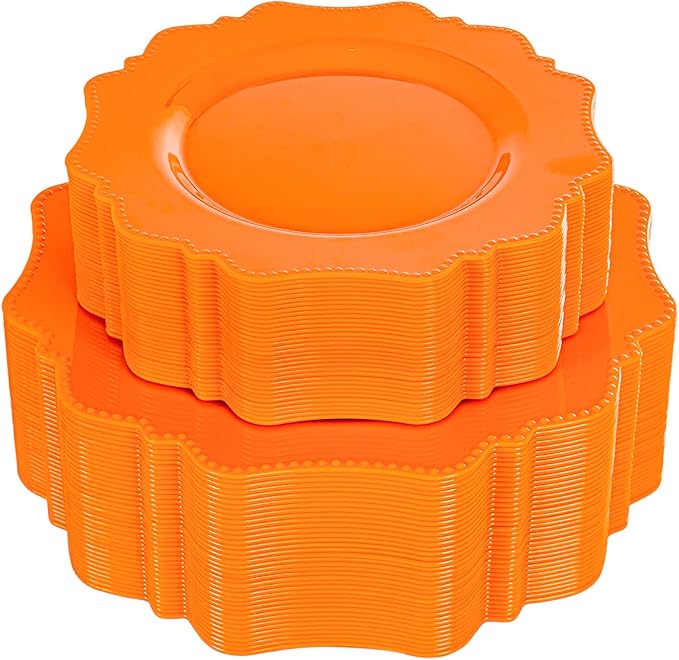 COLOSUS 100pcs orange Disposable Plastic Plate-Heavy duty plate for Party/Wedding/anniversary 50 dinner plates and 50 dessert/salad plates