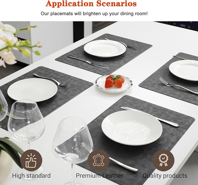 Vinyl Placemats Set of 4 Heat Resistant Easy Clean Non-Slip Place Mats for Dining Table Faux Leather Waterproof Stain Resistant Wipeable Washable PVC Table Mats(4, Gray)