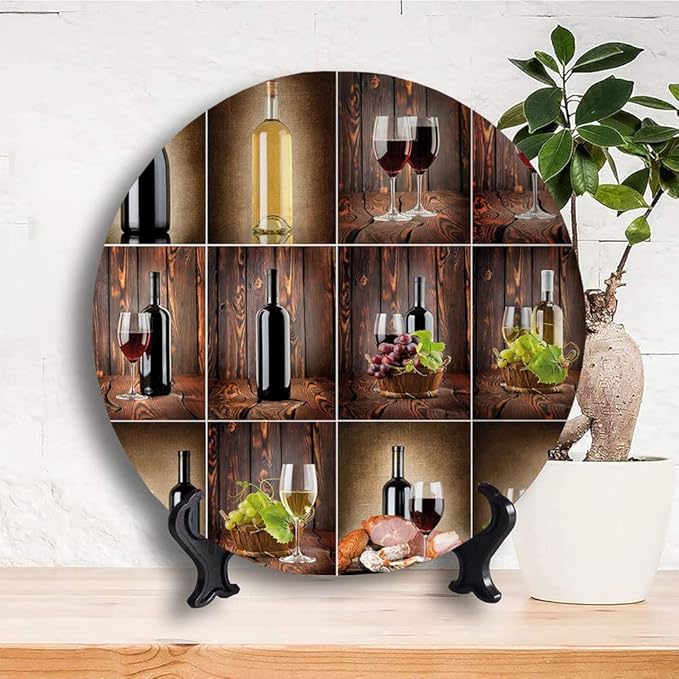 Ceramic Display Plate, Wine Ceramic Hanging Decorative Plate, Wine Themed Collage on Wooden Backdrop with Grapes and, 7 Inch, Household Custom Ceramic Plate, Brown Black Red