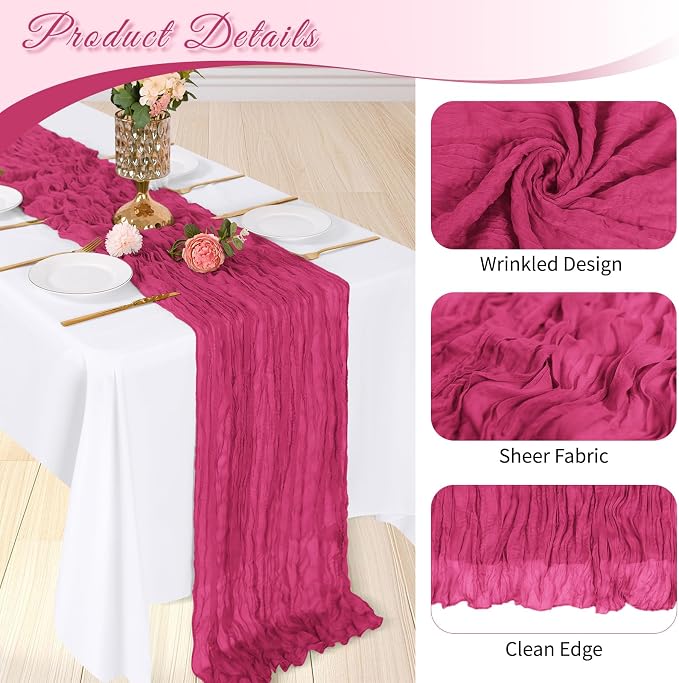 3 Pack Hot Pink Cheesecloth Table Runner, 17 x 108 inch, Semi Sheer Boho Cheese - Image 4