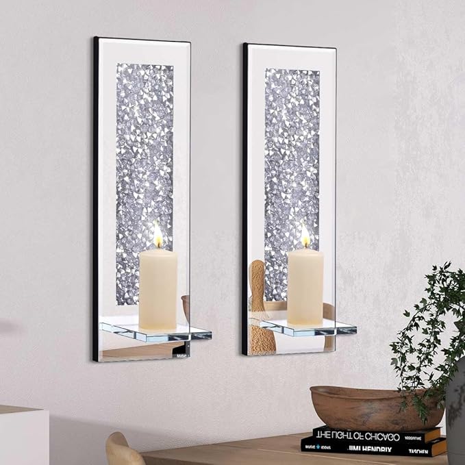 Pibeyer Crystal Crush Diamond Wall Candle holder set of 2, Rectangle Silver Mirrored Candle Sconces, Home Wall decoration for Living Room,Dining Room & Bedroom