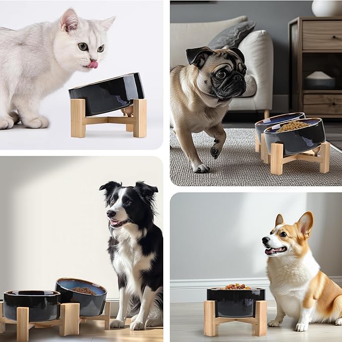 SPUNKYJUNKY 15° Slanted Ceramic Dog and Cat Bowl with Wooden Stand, Tilted Bulldog Food and Water Bowl No Slip Non-Spill for Cats Medium Dogs Big Face Pets 28.7 OZ (3.6 Cups, Starry Blue × 2)