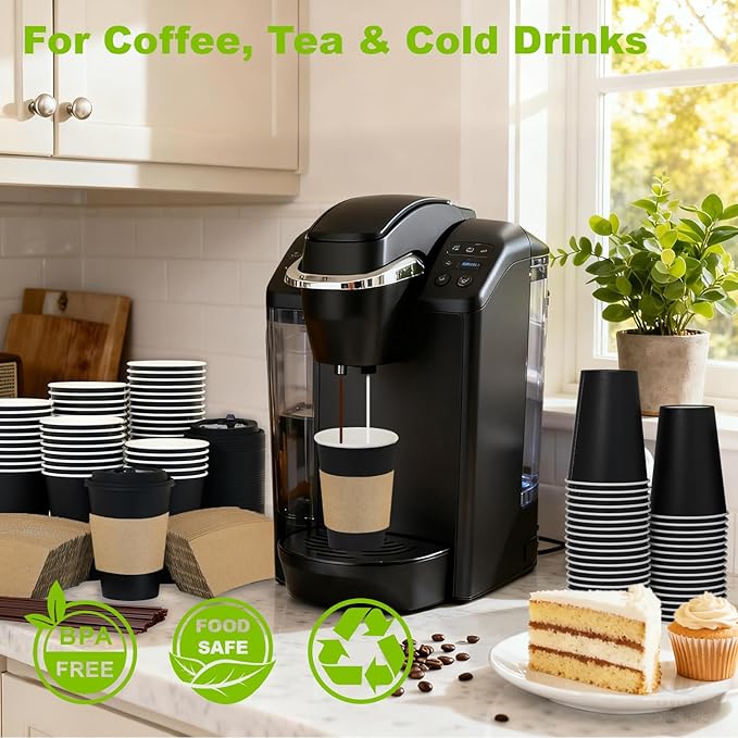 100 Pack 12 oz Disposable Coffee Cups with Lids and Sleeves, Leak-Proof To Go Coffee Cups, PLA Black Paper Coffee Cups for Hot Beverage