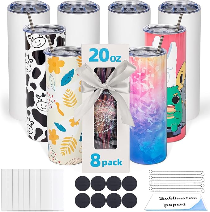 8 Pack 20oz Sublimation Tumbler Blanks Skinny Straight in Bulk | Stainless by UIRZOTN