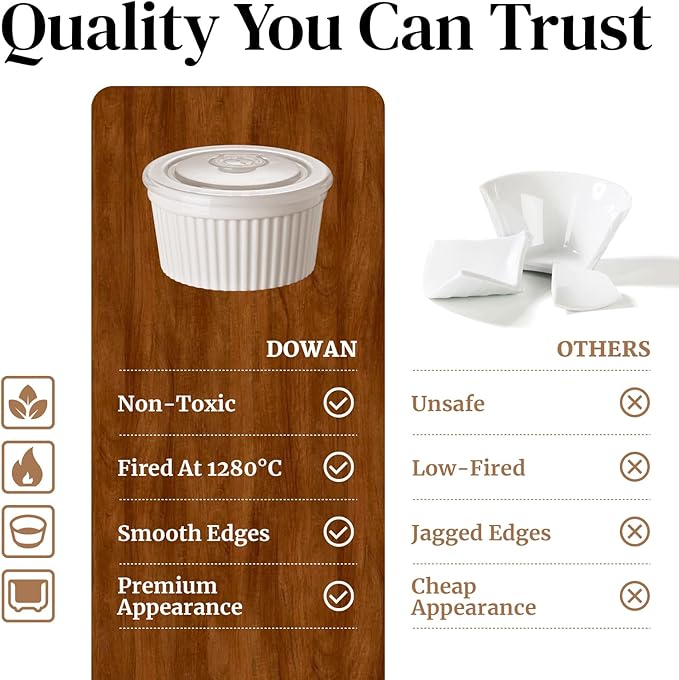 DOWAN Ramekins 8 oz Oven Safe with Lids, Creme Brulee Ramekins Bowls, Porcelain Ramiken Souffle Dishes, Custard Cups for Baking, Small Bowls for Pudding Dip Sauces Charcuterie Dessert, Soft White, Set of 6