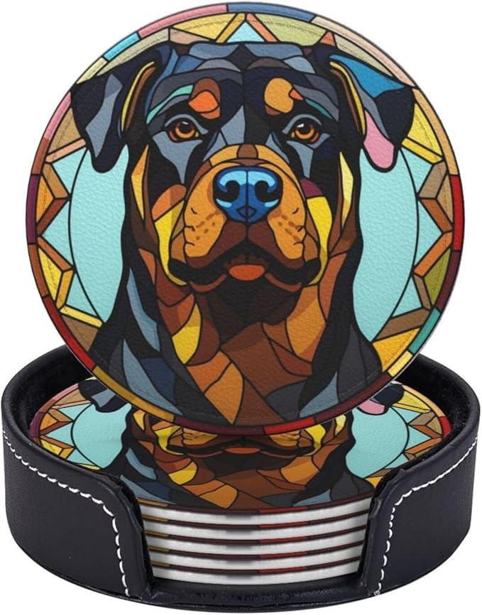 Drink Coaster Set of 6, Rottweiler Dog Mom Lover Gift,Leather Drink Coasters with Holder,6 Pack Cup/Bar/Drink Coasters for Table/Drinks/Coffee Protection Housewarming Gift