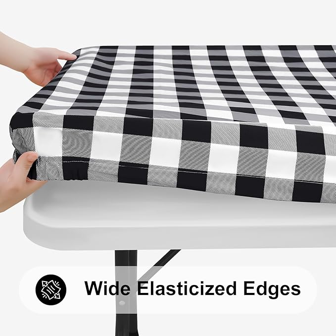Smiry Rectangle Picnic Table Cloth, Elastic Waterproof Fitted Vinyl Tablecloths, Flannel Backed Buffalo Plaid Table Covers for Dining, Camping, Outdoor (Black and White, 30" x 48")