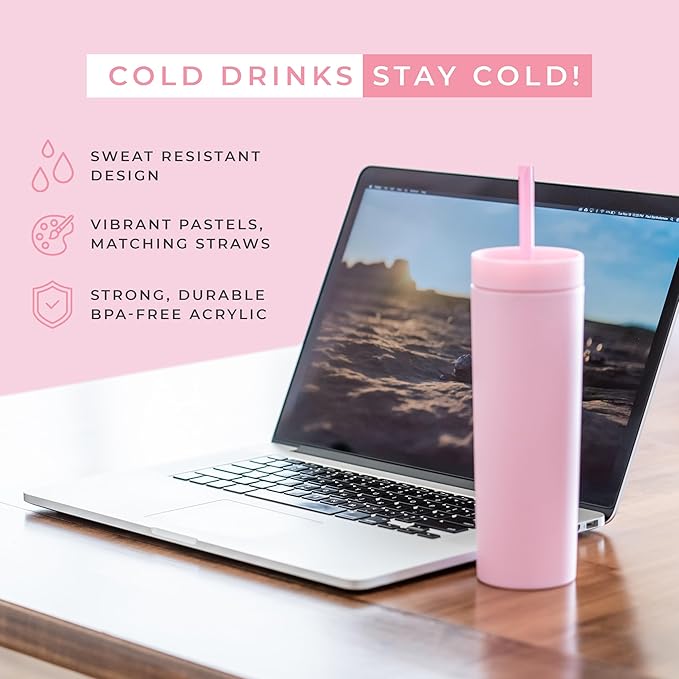 STRATA CUPS Pink Skinny Tumblers with Lids and Straws (4 pack) - 16oz Matte Pastel Colored Acrylic Tumblers with Lids and Straws, Double Wall Skinny Tumbler Bulk, Reusable Cup with Straw Cleaner