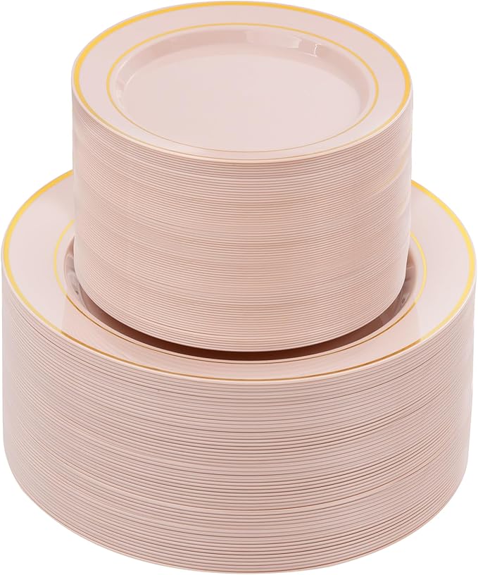 NOCCUR 200PCS Pink Plastic Plates for 100 Guests - Include 100PCS 10" Dinner/ 100PCS 7" Dessert Plastic Plates Heavy Duty - Ideal for Wedding/Party/Valentines & Galentines Day