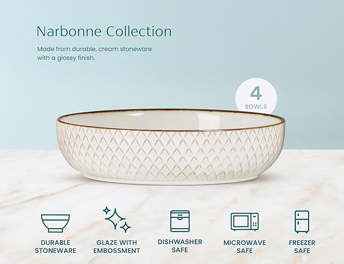 KooK Pasta Bowls, Ceramic, Embossed Serving Bowls For Stews and Salads, Large Capacity, Microwave & Dishwasher Safe, Ivory with Dark Copper Accents, Set of 4, 40 oz, Narbonne Collection