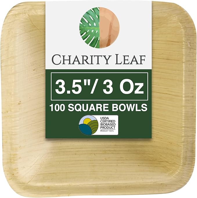Charity Leaf Disposable Palm Leaf 3.5" Square Mini Bowl (100 pcs) Dipping Bowls | Bamboo Like| All Natural and Biodegradable | Charcuterie Boards, BBQs, and Parties