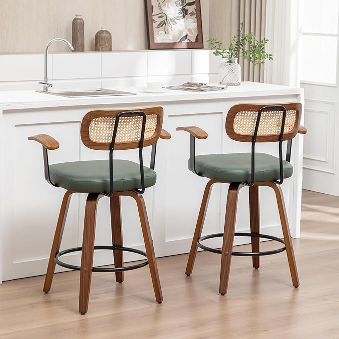 Rattan Swivel Bar Stools Set of 2,Green Faux Leather Counter Height Barstools with Arms Rattan Backrest/Wooden Legs,Mid Century Modern Bar Chairs for Kitchen/Dining Room/Bar