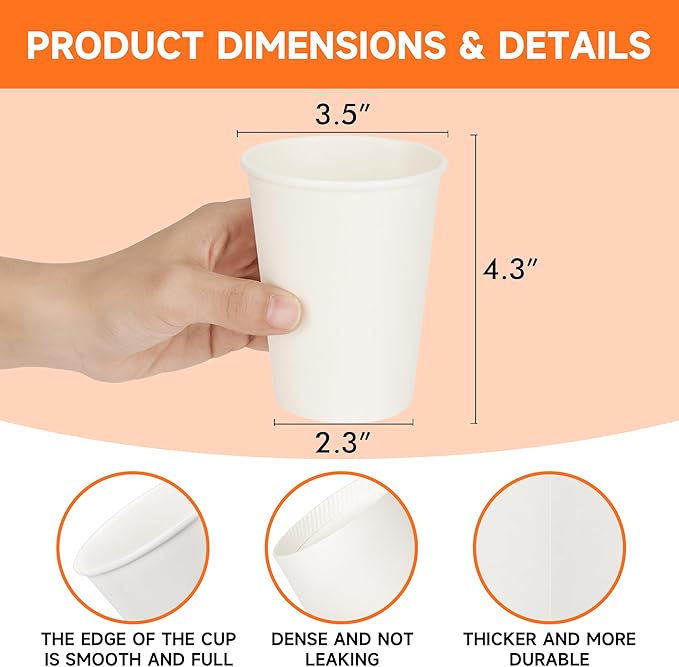 12 oz Disposable Paper Coffee Cups [1000 Pack], White Hot Paper Cups, Thickened Design for Bistros, Parties, and Events