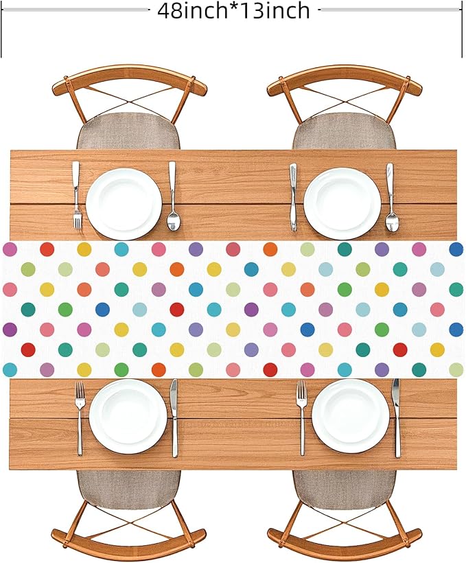 Colorful Polka Dot Table Runner, 13x48 Inch Rainbow Dot Dining Table Decor | - Image 2