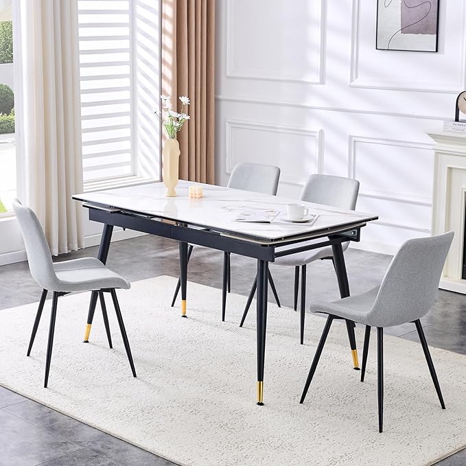 Extendable Dining Table Set for 4, 55'' to 78.8'' Rectangular Thickened Sintered Stone Kitchen Table with 4 Upholstered Chairs, Modern Space Saving 5-Piece Dinner Table Set
