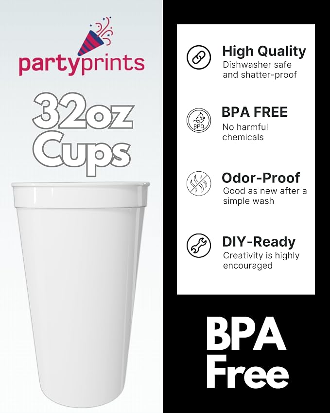 PartyPrints 10 Pack 32 oz White Blank Plastic Cups, Colored Plastic Drinking & - Image 2