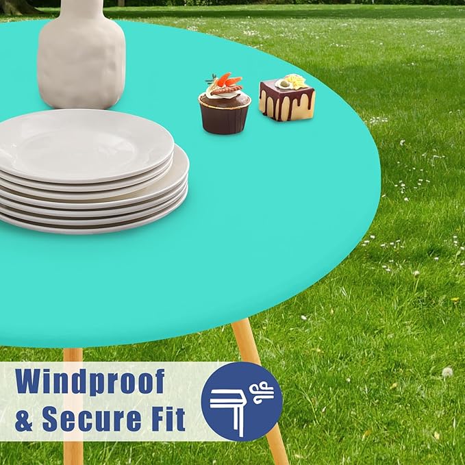 Round Spandex Tablecloth, Elastic Fitted Waterproof Tablecloths for 25"-30" Tables, Stretch Washable Picnic Table Cover for Camping, Dining, Indoor and Outdoor,Aqua Blue