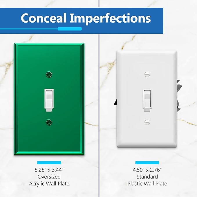 LIDER Reflective Acrylic Toggle Switch Wall Plate, Mirrored Light Switch Plate, Plexiglass Switch Cover, Acrylic Glass, Oversized 1-Gang 5.25" x 3.44", LWP-11O-AGR, Green