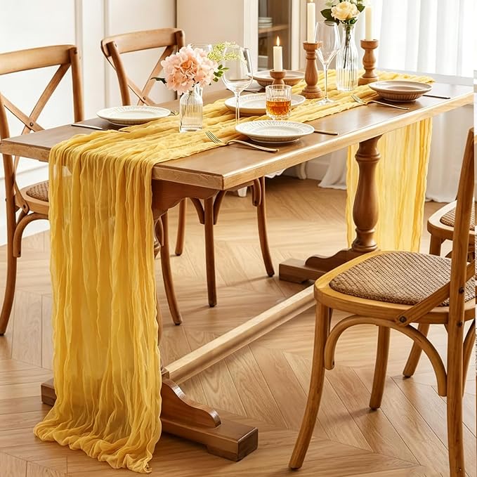 6Pcs Yellow Table Runner, 10FT Rustic Gauze Gold Table Runner 35*120inch Boho - Image 3