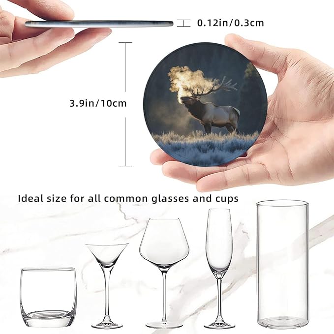 Majestic elk steam Printed Leather Coasters for Drinks, Set of 6 Drink Coaster Dining Room Decor Cup Coasters