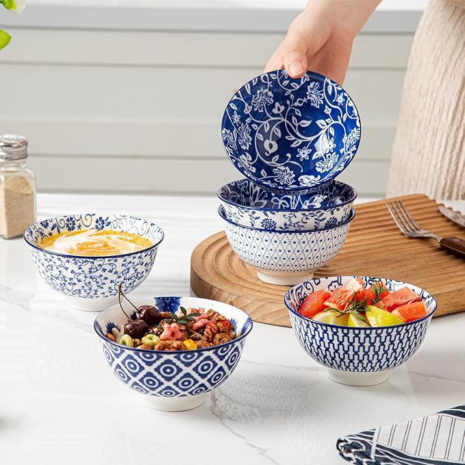 Ceramic Dessert Bowls Set - Small 12 Oz Cereal Bowls - 4.75 Inch Ice Cream Bowls for Fruit, Snack, Side Dishes, Dipping Sauce - Microwave Dishwasher Safe - Set of 6 - Vintage Blue