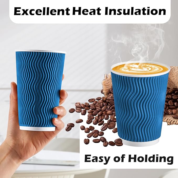 Lamosi 12 oz Insulated Coffee Cups Disposable - 50 Count Blue Paper Coffee Cups No Lids 12oz, Corrugated Ripple Wall Design for Hot Cold Drinks