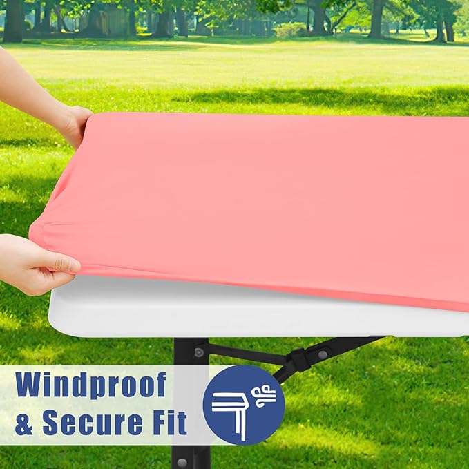 Spandex 4 Foot Rectangle Table Cloth 2 Pack, Elastic Fitted Tablecloths for Picnic, Stretch Washable Patio Table Cover for Outdoor, Camping, Banquet and Parties (Coral Red, 24"x48")