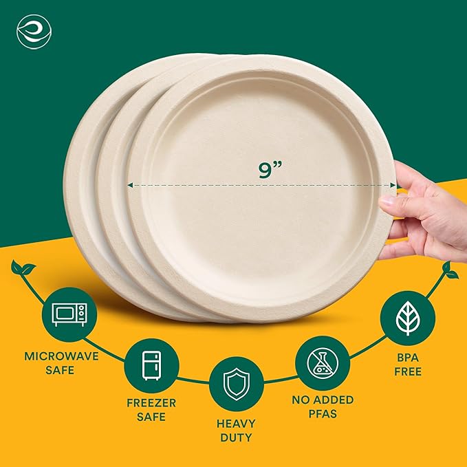 ECO SOUL Compostable 9 Inch(200-Pack) Biodegradable Heavy-Duty Disposable Eco-Friendly Paper Plates for Dinner & Parties, Wedding, Event