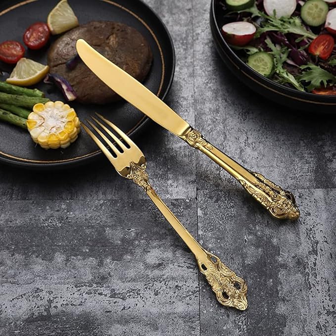 Gold Silverware Set for 12 Durable 18/10 Stainless Steel Flatware Set Palace Style Modern Cutlery Utensils Set 48 Piece Include Knives Forks and Spoons Tableware Set for Home Kitchen Restaurant