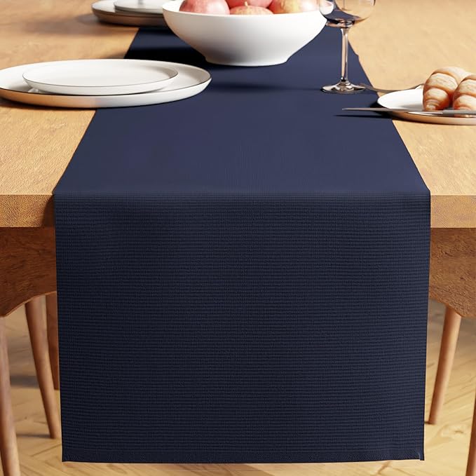 Encasa XO Table Runner, Yarn Dyed Ribbed Cotton 13"x79" | Solid Navy Blue by EncasaXO