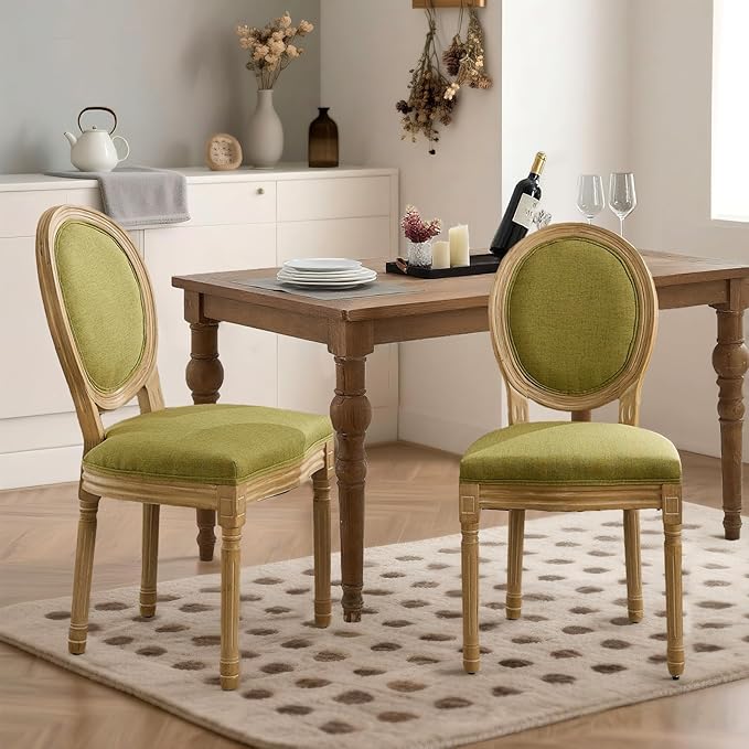 SoarFlash French Dining Chairs Set of 2, Vantage Dining Chair with Round Back, Wood Leg Farmhouse Country Dining Chair for Kitchen,Bedroom,Olive Green