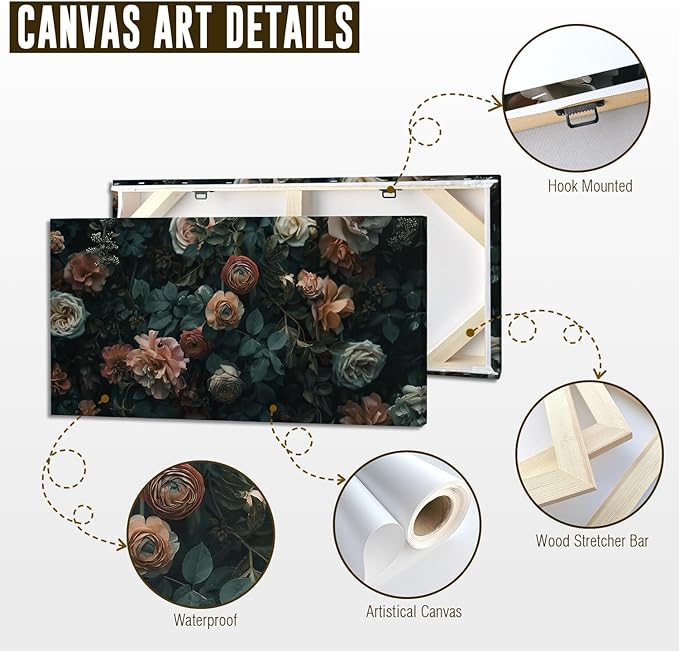 ADJUVANT Wall Art Floral 60"L x 30"W, Dark Hued Vintage Flowers With Lush Foliage Canvas Painting Elegant Blooms Artwork Retro Garden Prints Floral Wall Decor for Living Room Bedroom Study Home Office