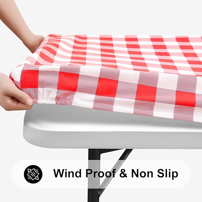 Smiry Square Picnic Table Cloth, Elastic Waterproof Fitted Vinyl Tablecloths, Flannel Backed Buffalo Plaid Table Covers for Dining, Camping, Outdoor (White and Red, 36" x 36")