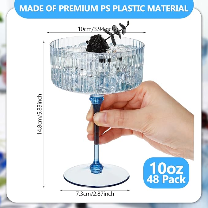 48 Pcs Ribbed Martini Glasses 10 oz Disposable Plastic Vintage Ribbed Coupe Glasses Unbreakable Dessert Parfait Glassware for Wedding Birthday Party Supplies (Blue)