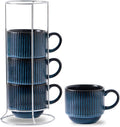 HASENSE 15 Oz Ribbed Stackable Coffee Mug Set of 4, Ceramic Latte Cups by Hasense