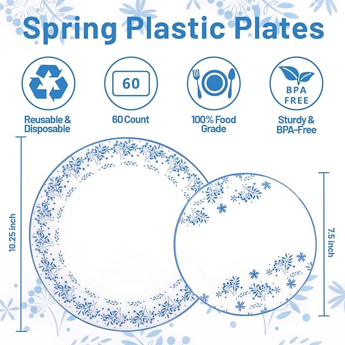 60 PCS Blue Floral Plastic Plates - Image 2