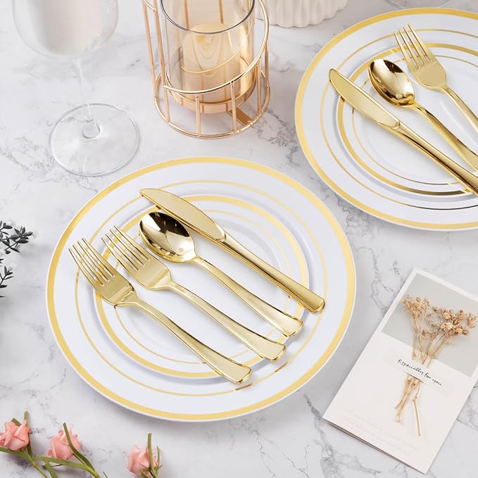 Bestvip 150PCS Gold Plastic Plate Set (25 Guests), Plastic Plates for Party Wedding Birthday, Disposable Dinnerware Set of 50 Plastic Plates, 50 Forks, 25 Spoons, 25 Knives