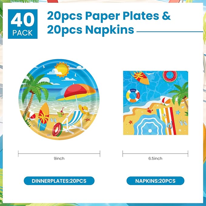 40 Pcs Beach Plates and Napkins, Summer Beach Party Supplies, Serves 20 | - Image 2