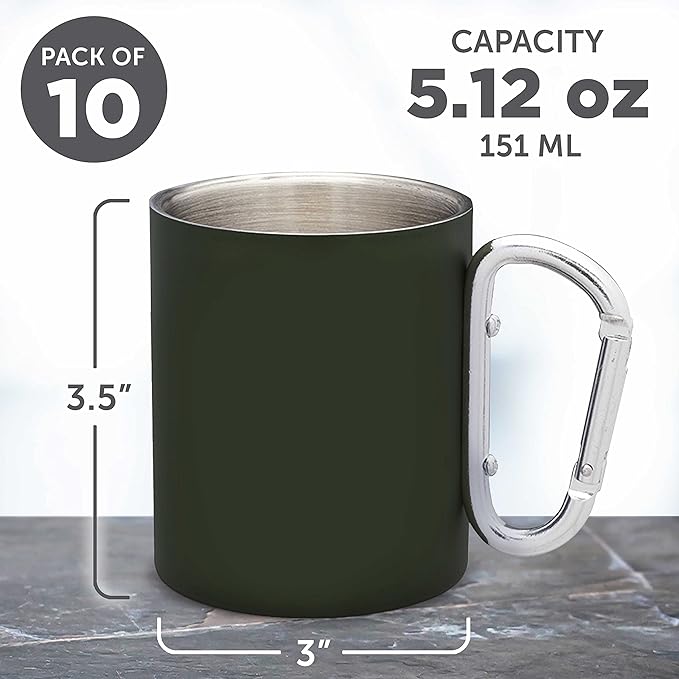 DISCOUNT PROMOS Stainless Steel Mugs with Carabiner Handle 10 oz. Set of 10, Bulk Pack - Perfect for Coffee, Soda, Other Hot & Cold Beverages - Army Green
