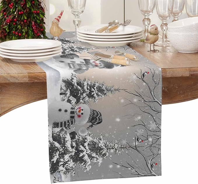 Christmas Snowman Short Table Runners 36 Inches, Cotton Linen Fabric Snowflake - Image 4