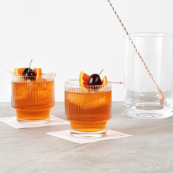 Restaurantware-Vetri 10 Ounce Old Fashioned Glasses, 6 Ribbed Whiskey Glasses - No-Lead, Dishwashable, Clear Glass Tumblers For Scotch, For Drinking Liquor, Cocktail, Bourbon, Cognac, And More
