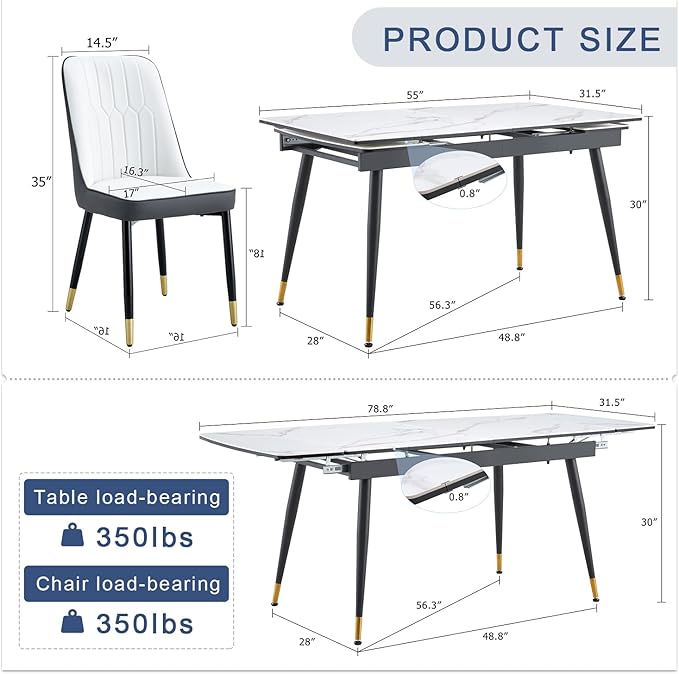 Extendable Dining Table Set for 8, 55'' to 78.8'' Rectangular Thickened Sintered Stone Kitchen Table with 8 Upholstered Chairs, Modern Space Saving 9-Piece Dinner Table Set