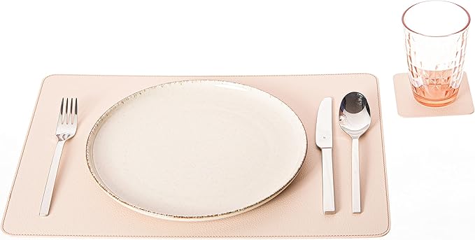 Nikalaz Set of 4 Placemats and 4 Coasters Made of Recycled Leather (18''x13'', Creamy White/Beige)