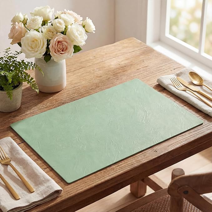 Artoid Mode Sage Faux Leather Placemats Set of 4, 12x18 Inch Waterproof Wipeable Heat Resistant Vinyl Place Mats, Reversible Table Mats for Spring Kitchen Dining Decor