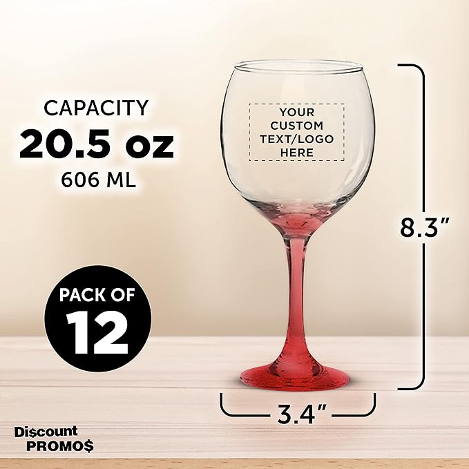 Custom Premiere Wedding Wine Glasses 20.5 oz Set of 12, Personalized Bulk Pack - Restaurant Glassware, Perfect for Red Wine or White Wine - Red