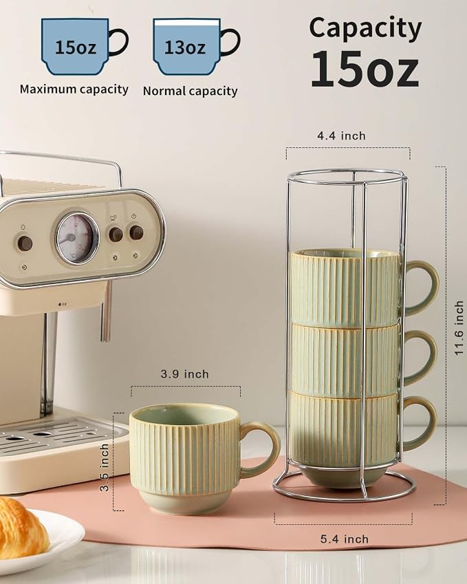 HASENSE Ceramic Coffee Mugs Set of 4 - 15 oz Stackable Large Porcelain Ribbed - Image 2