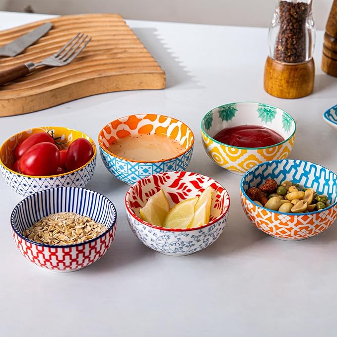 Ceramic Dipping Bowls Set - Mini 4 Oz Dessert Bowls - Small 3.5 Inch Porcelain Bowls for Side Dishes, Snack, Yogurt, Appetizer - Microwave Dishwasher Safe - Set of 6 - Assorted Colors